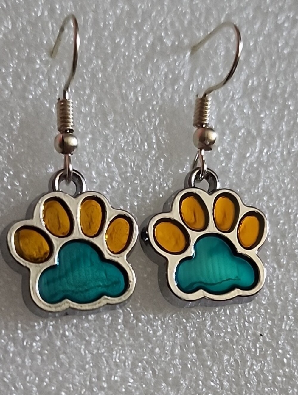 Hand Crafted Teal and Yellow Paw Charm Earrings